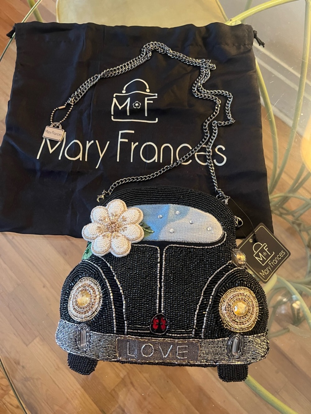 Mary Frances Black Beaded 'Love' Car Mini Crossbody with White Flower